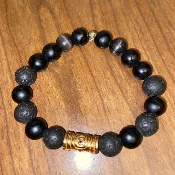 Lava Rock & Onyx Round Natural Beaded Bracelet with 18k Gold Filled Column - Picture 2 of 2